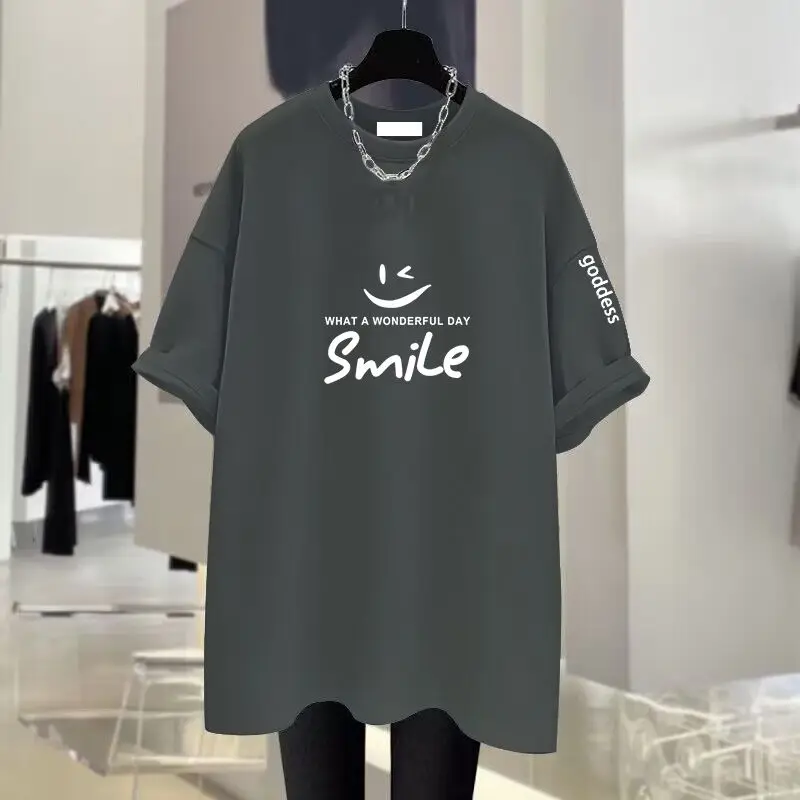 Summer Chic Hand-painted Letter Printing Top Tees Women Pure Cotton O-neck Short Sleeve Basic T-shirt Loose Pullover 45-105Kg