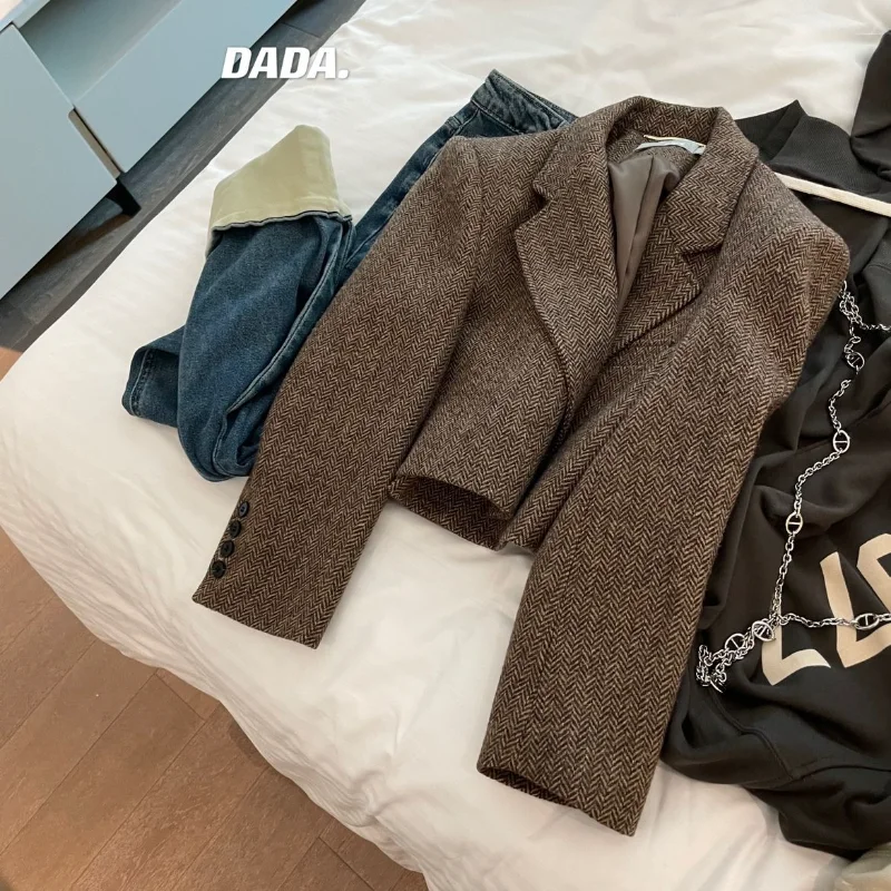 2025 Nieuwe herfst visgraat bruine tweed retro wollen korte jas damespak top met negenkwart mouwen