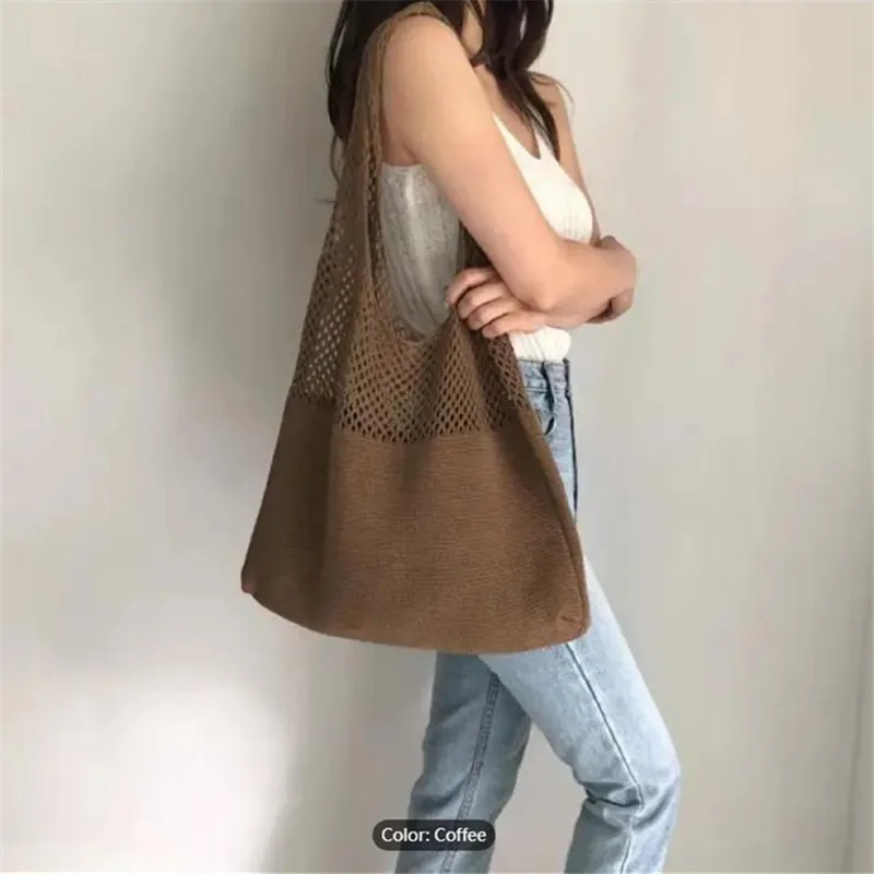 Minimalist Hollow Out Crochet Woman Bag, Large Capacity Handbags Shoulder Bag, Simple Knitted Tote Bag for Women Bag Purse