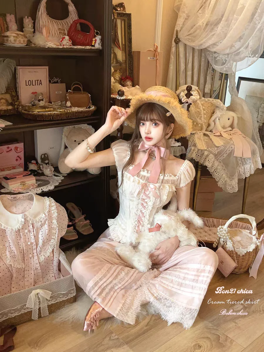 Корсет принцессы сладкой Лолиты bobon21 с цветочным зеркалом и кружевным бантом во французском стиле для девочек, искусственный корсет из двух частей T2410