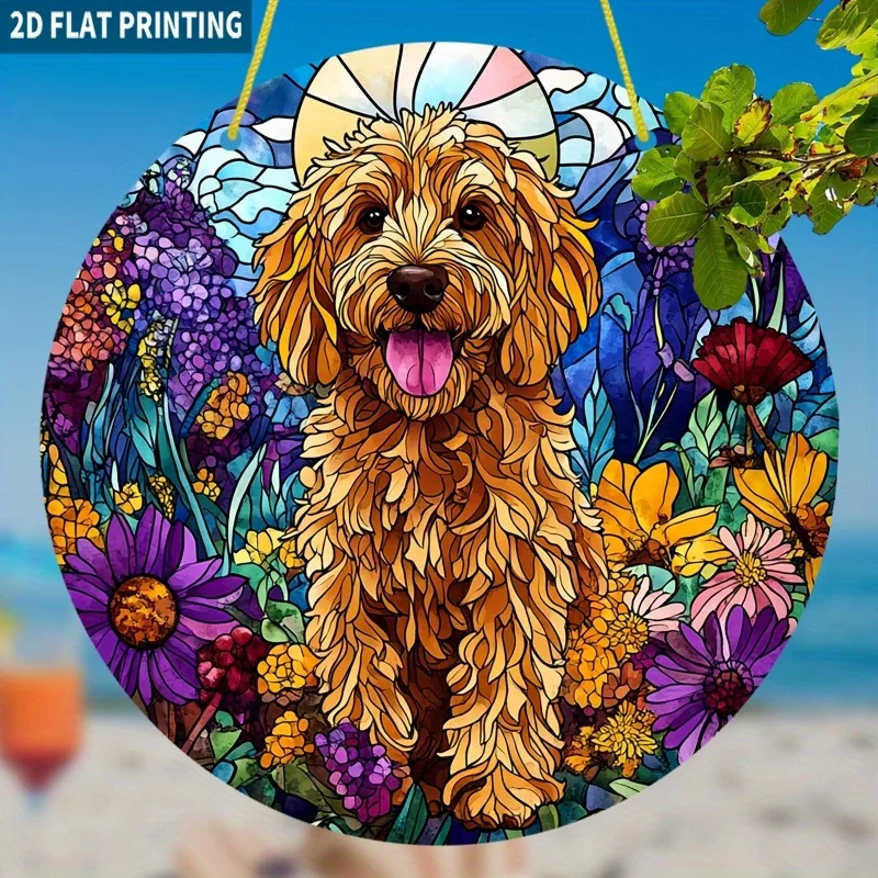 2D Flat, 2D Flat Printing 1pc, Adorable Goldendoodle Suncatcher, Vibrant Floral Garden Suncatcher, 7.87x7.87 Inch Window Hanging