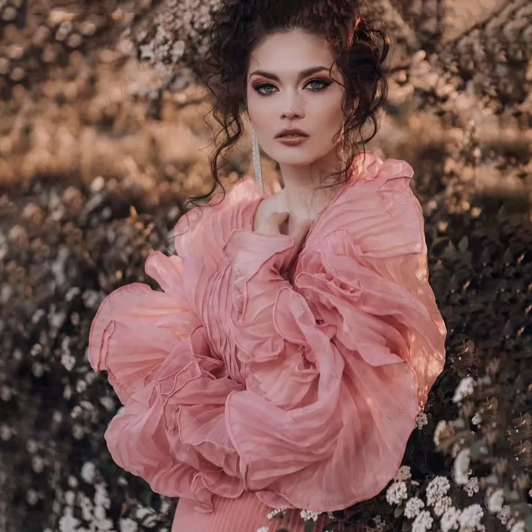 Vestidos de baile flare uma linha em camadas vestido grávida com mangas trem babados rosa longo matermity vestidos elegância