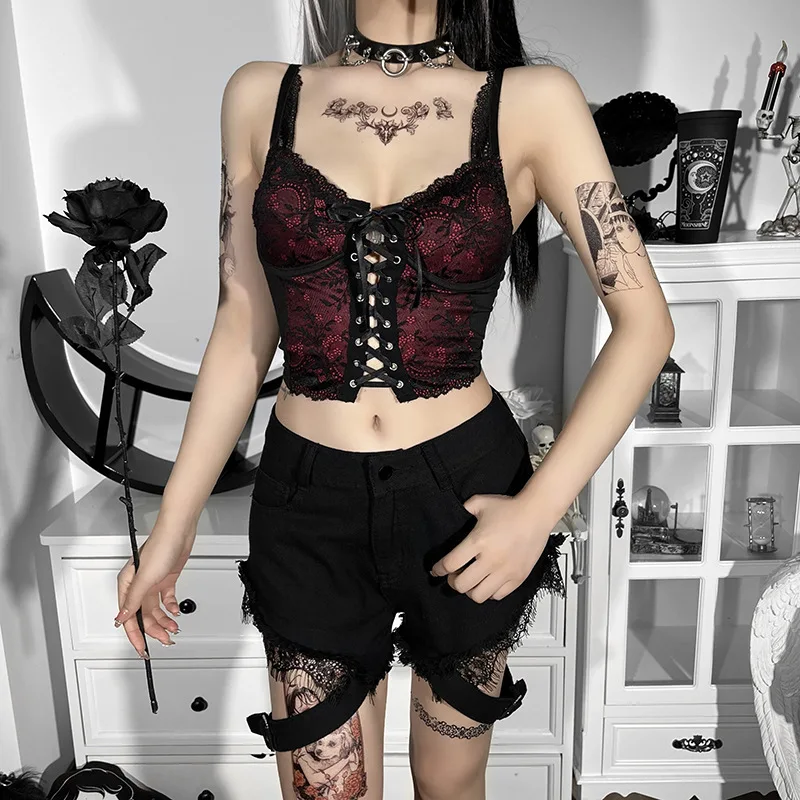 Sexy Bandage schwarze Spitze Camis Frauen Gothic Spaghetti träger rücken frei Bodycon Crop Tank Vintage E Mädchen Sommer westen