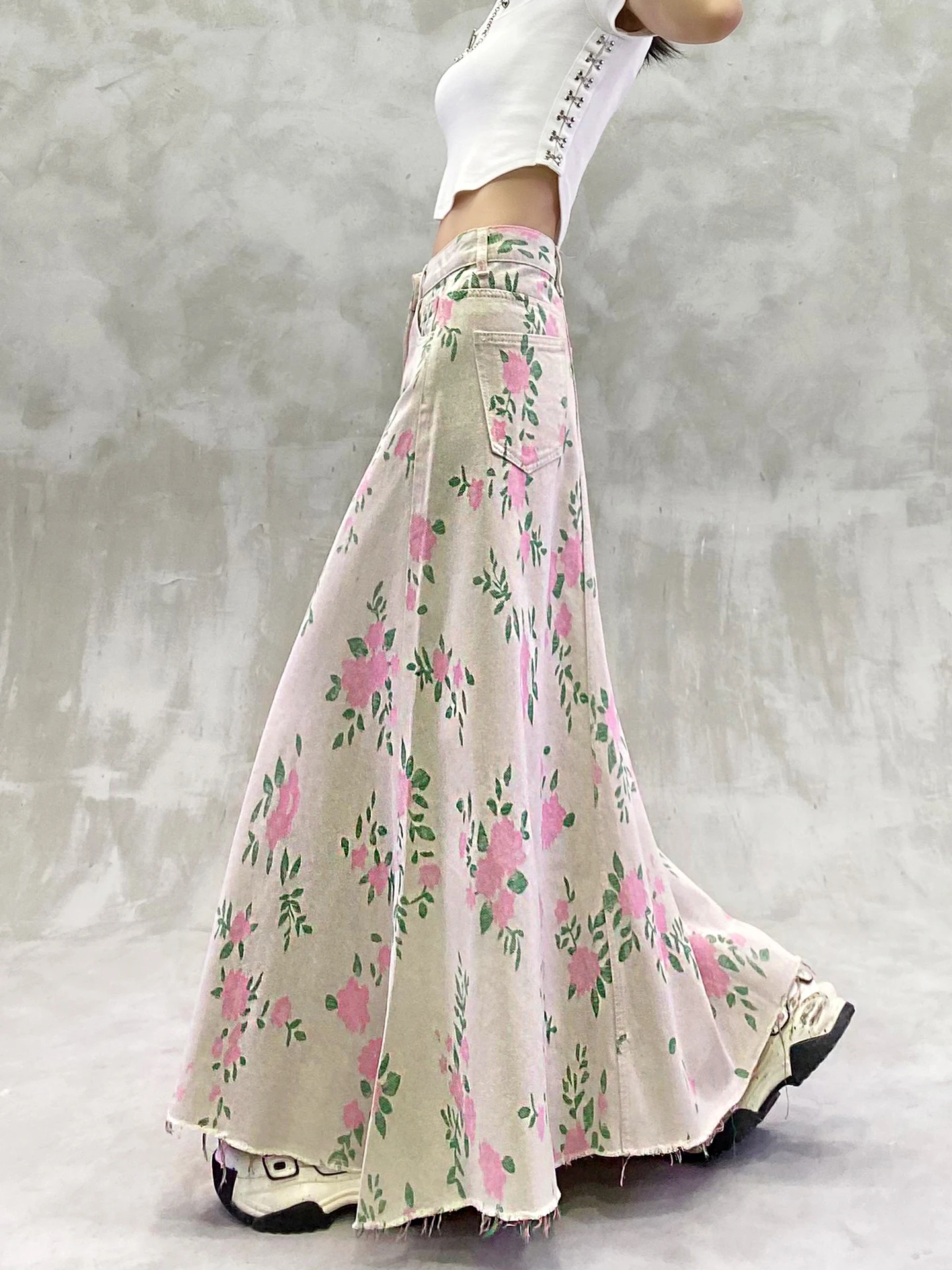 TIYIHAILEY New Vintage Long Maxi Women High Waist Spring Summer Denim Lady Printed Skirt With Pockets Ladies A-line