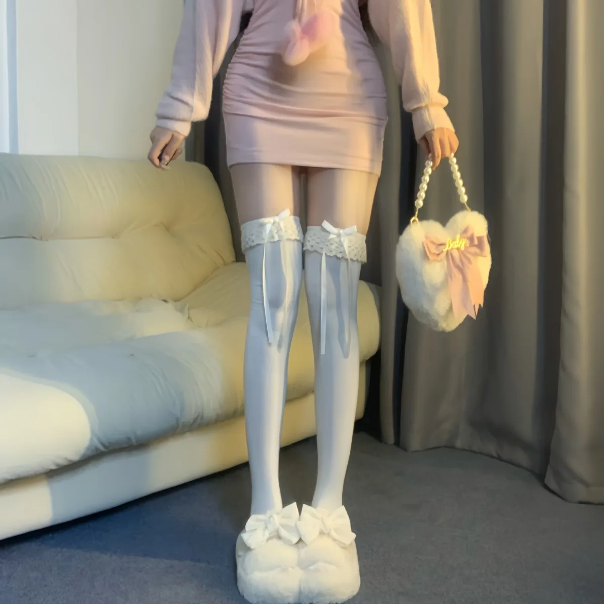 2024 Over Knee Long Sock Women Soft Comfortable JK Girl Sweet And Lovely Lace Ruffle Trim Thigh High Socks Ribbon Bowknot