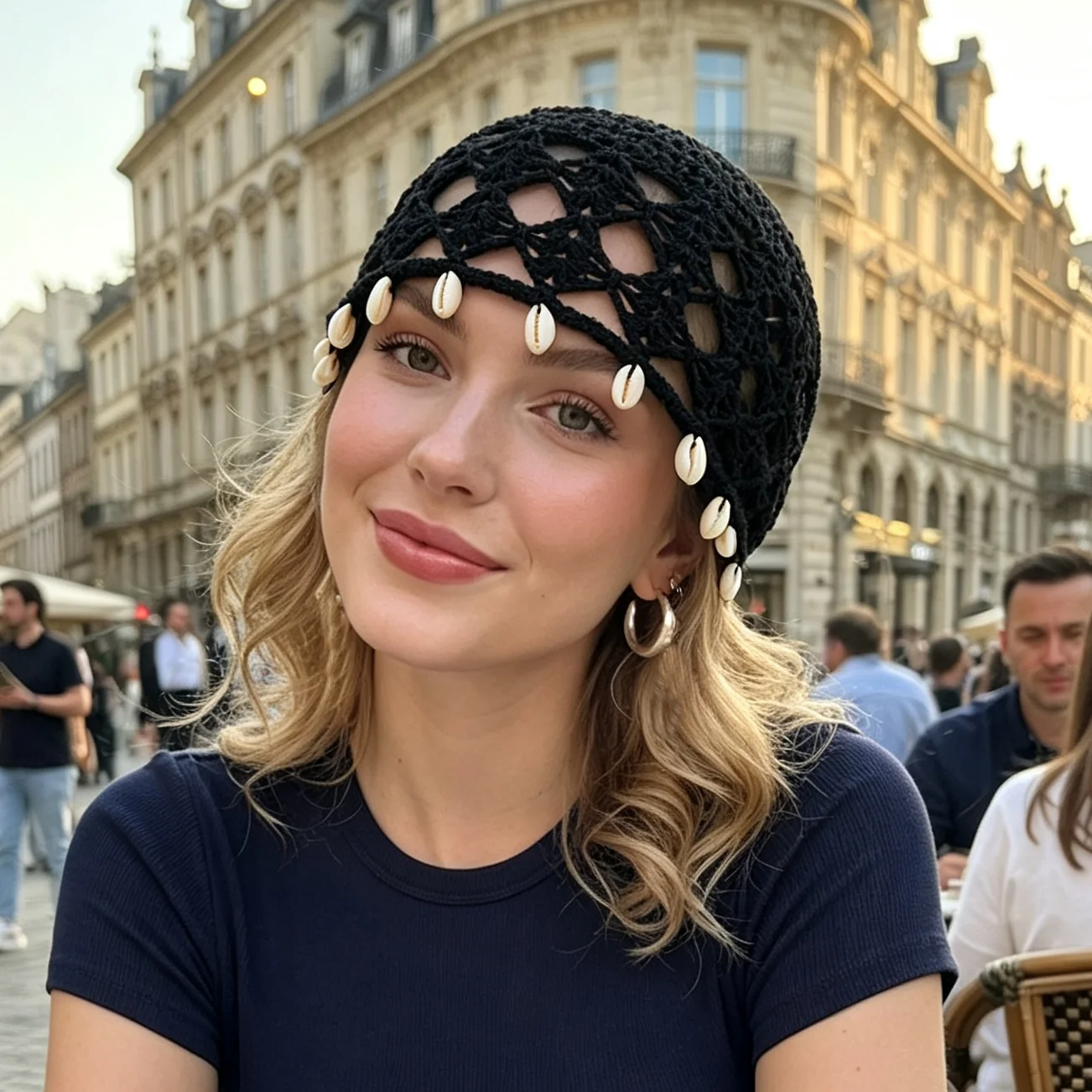 Fashion Shell Crochet Hat Women Hollow Pullover Hat Summer Beach Beanie Breathable Bandana Hat Mesh Knitted Hat Skull Hat