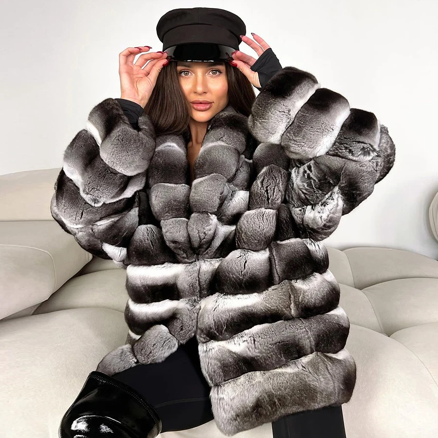 

Natural Rabbit Fur Coat Women's Coat Long Winter Fur Jackets Lapel Real Rex Rabbit Fur Coat Luxury Warm New Arrivals