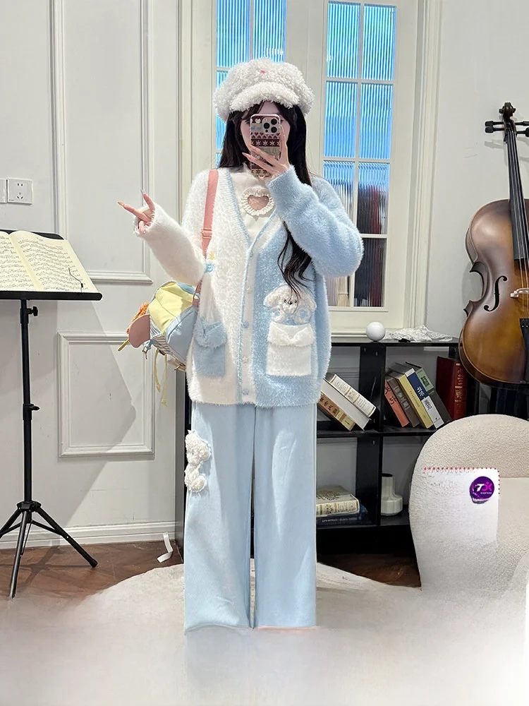 

Sweet Sle Blue White Sweater Women's Loose Fit V-Ne Open Cardigan Knitted Outerwear Lazy Feel Autumn Winter Faion