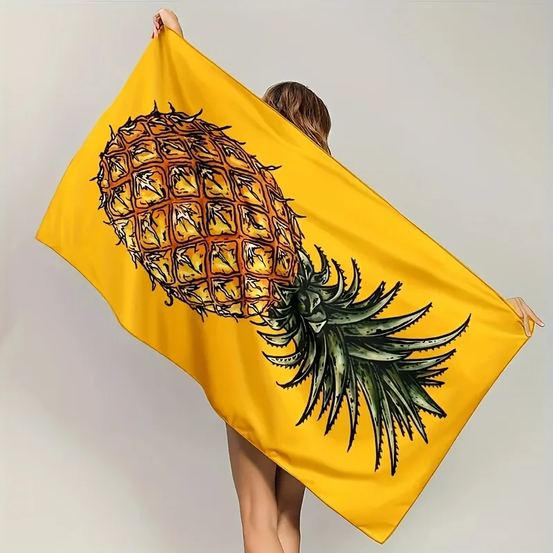 1pc Yellow Pineapple Print Beach Towel | Comfortable, Quick-Dry, Ideal For Swimming, Camping, And Bathing, Polyester
