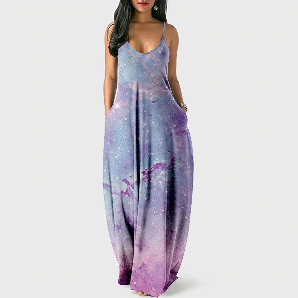 Hip Hop Trendy Comfortable Summer Women Dresses nebula 3D Print Sexy loose Slip Pocket Dress Party Dress Long Robe