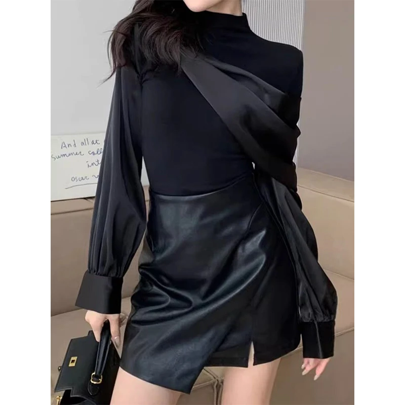 MEXZT eleganckie czarne koszule damskie moda luksusowe patchworkowe bluzki biurowa, damska koreańska, z długim rękawem Slim Chic Design topy nowość