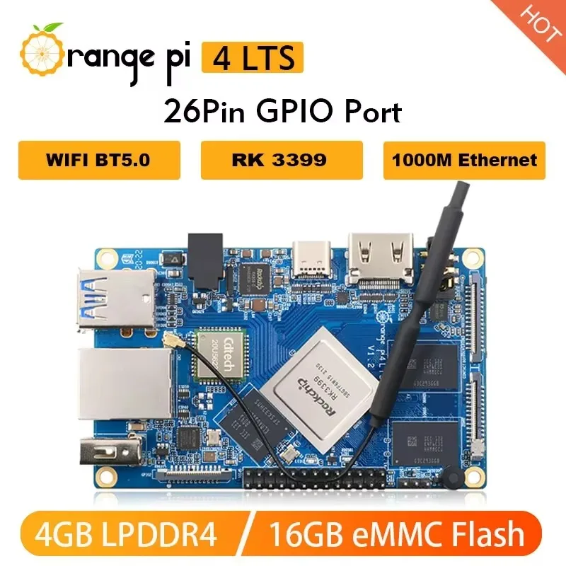 VoFSOrange Pi 4 LTS 4GB LPDDR4 RAM 16GB EMMC Development Board Rockchip RK3399,WiFi+BT5.0,Gigabit Ethernet,Android,Ubuntu,Debia