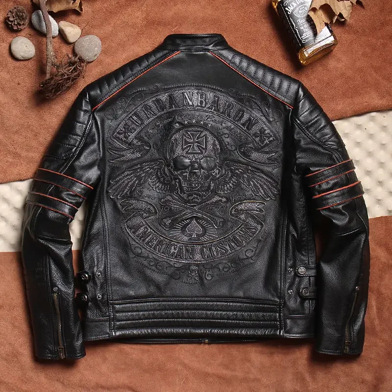 Genuine Leather Mens Jacket Short Standing Collar With Skull Embroidery Harley Motorcycle Jacket Men's Real Cow Leather Coat Man