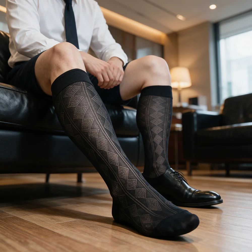 Men Black Sheer Diamond Argyle Pattern Dress Socks Mid-Calf Nylon Ribbed Cuff Trendy Casual Business Novelty Crew Socks