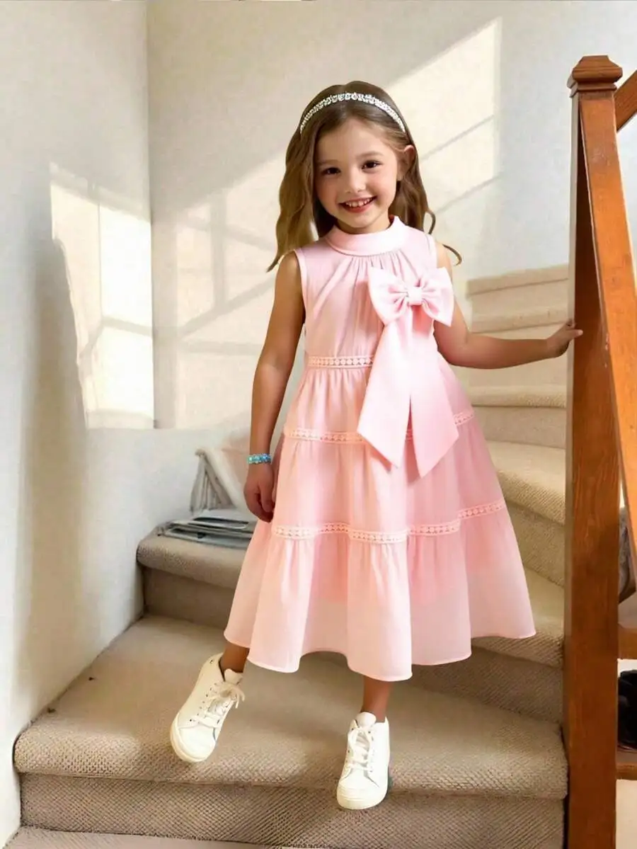 

Pink Chiffon Midi Dress With Ruffles And Lace Trim Elegant Tea Party Dress