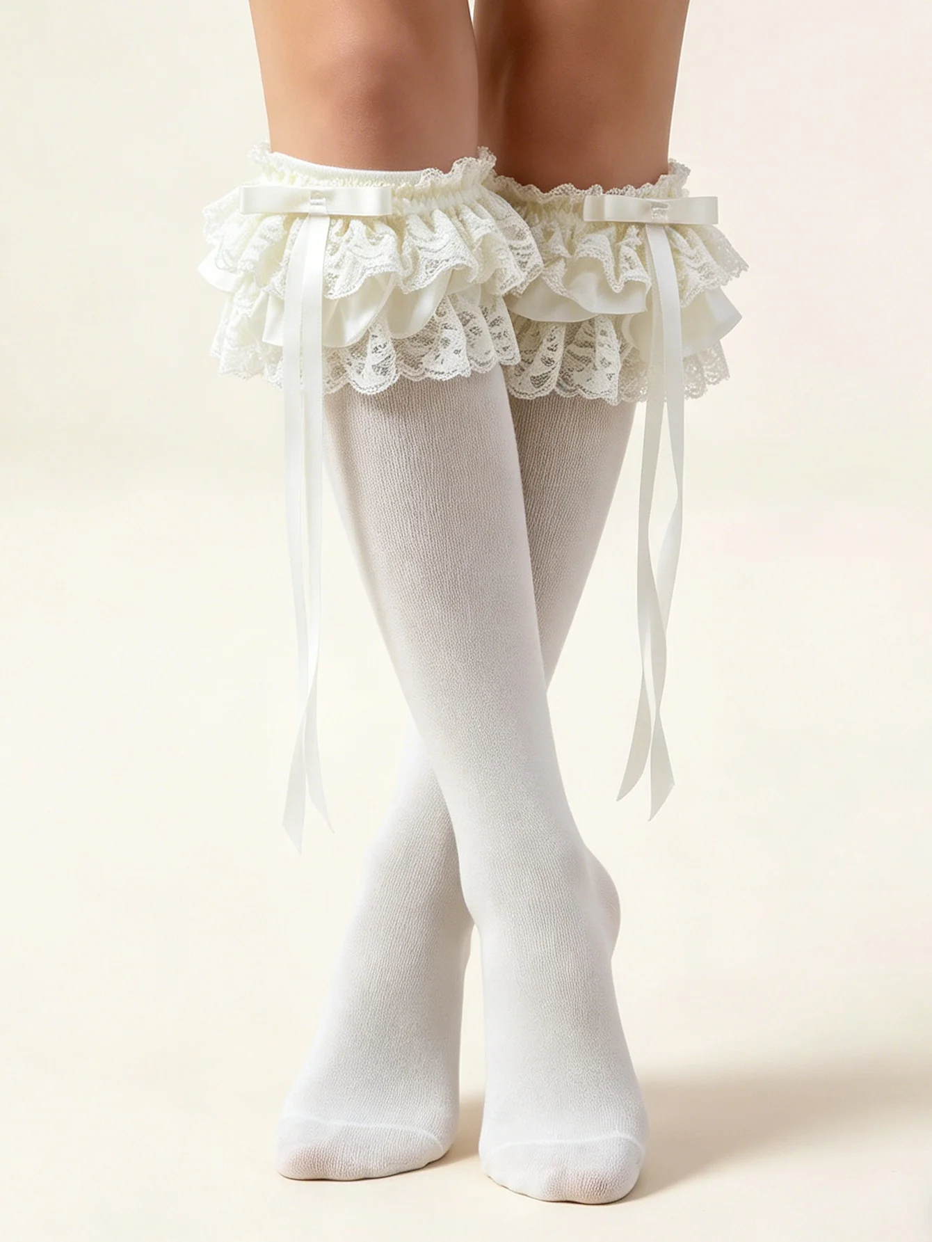 Damen-Socken in Elfenbein mit Spitzenrüschen und Satinschleife, süße Lolita-Strümpfe für Cosplay und Alltag. – Detail 1