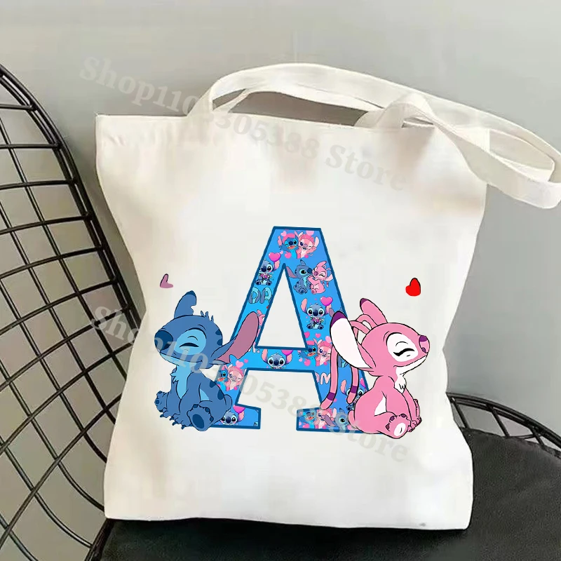 

Disney Stitch Cartoon 26 Letters Handbag Foldable Reusable Shopper Harajuku Style Bag Student Tote Bag Canvas Shopping Bag