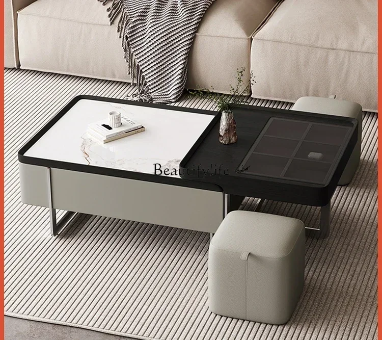 

lSquare rock slab coffee table Modern light luxury retractable glass tea table Italian minimalist