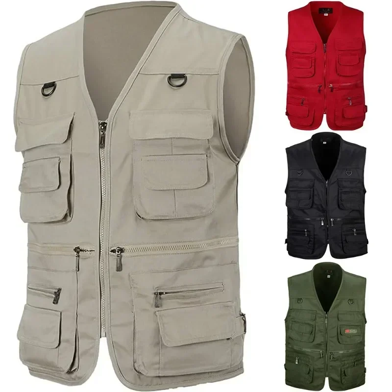 Men's Fishing Photography Multi-Pocket Vest Outdoor Tactical Mountaineering Sports Vest Solid Color Breathable Sleeveless Jacket