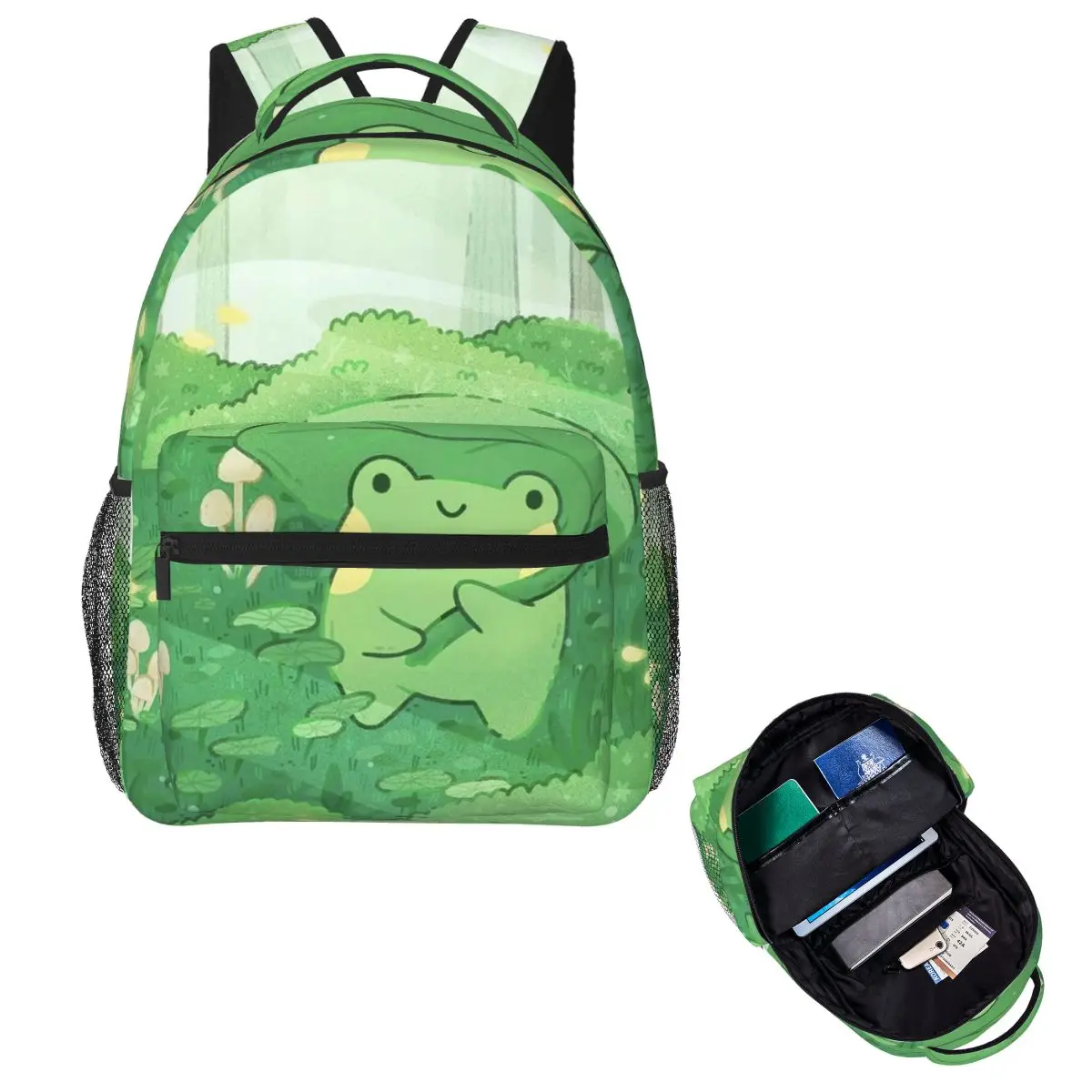 Cute Frog Under Leaf Rain Design Student Backpack School Bag Hiking Travel Daypack for Men Women Fashion Bookbag Shoulder Bags