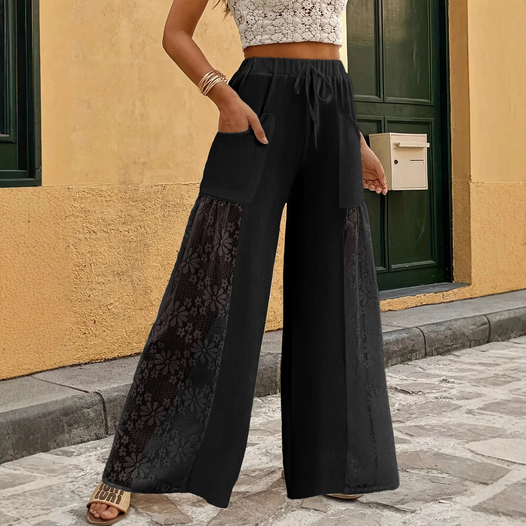 Women Boho Lace Patchwork Wide Leg Pants High Waist Drawstring Pocket Loose Flowy Trousers Summer Beach Casual Pants