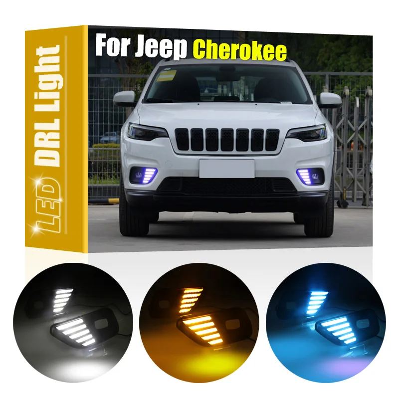 

2Pcs Front Fog Lamp Frame With White DRL Light Amber Turn Signal Blue Night Driving Light For Jeep Cherokee 2019 2020 2021