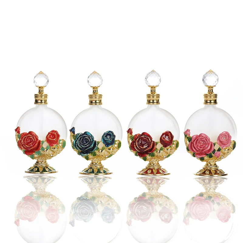 30ml Rose Flower Metal Perfume Bottle Essential Oil Refillable Frosted Attar Bottles Factory Outlet#30205