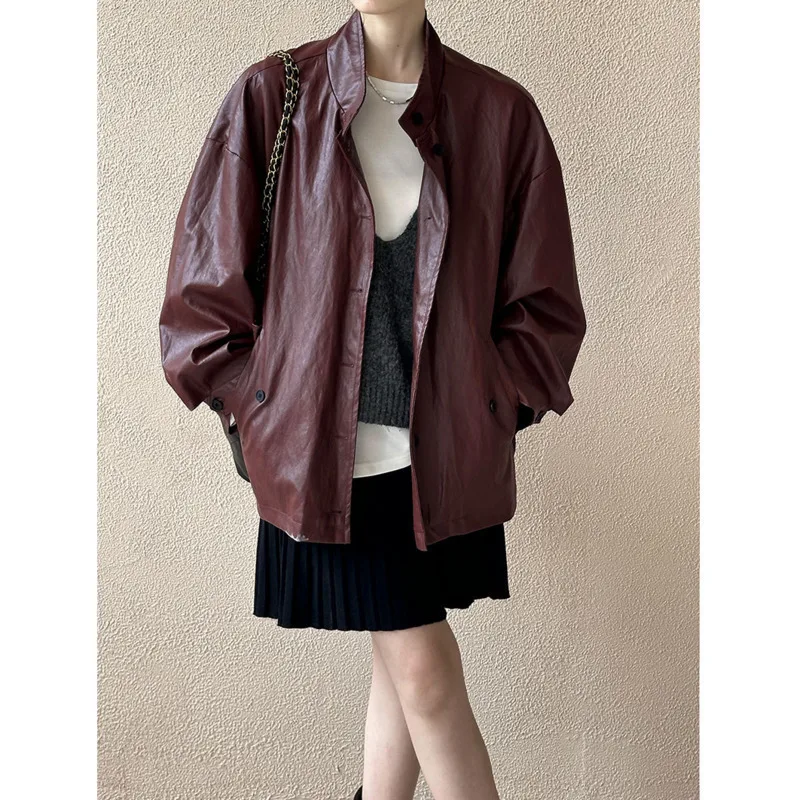 Stand Collar Pu Leather Jacket Coat Women Loose Imitation Leather Single Breasted Vintage Red Coats