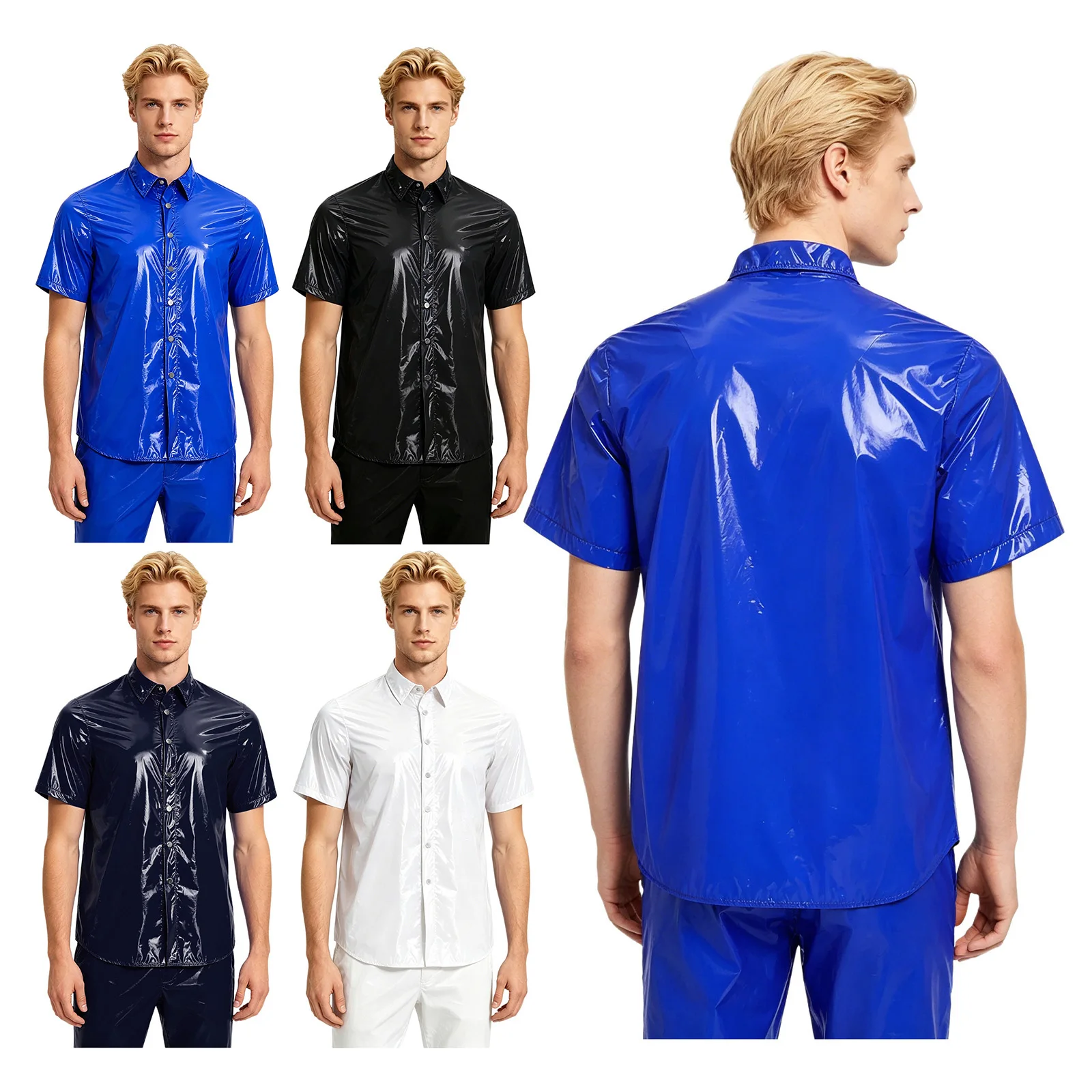 Mens Waterproof Shirts Raincoat Turn-Down Collar Short Sleeve Front Button T-shirts Wet Look Shirt Tops for Camping Fishing
