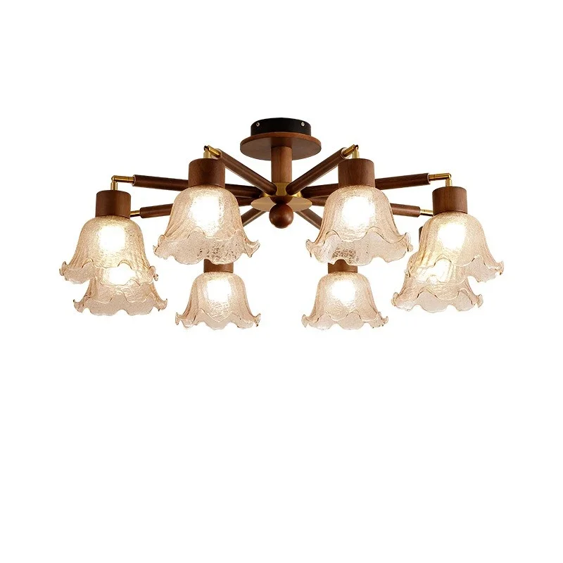 

Medieval ceiling lamp living room French retro walnut color light luxury high sense