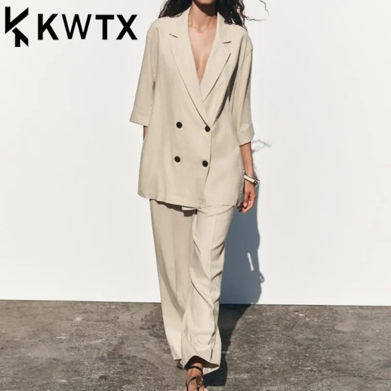 

KWTX 2025 Spring Women’s Two Piece Set Beige Roll Sleeve Blazer & Wide Leg Pants Comfort High Quality Spring Summer Office Set