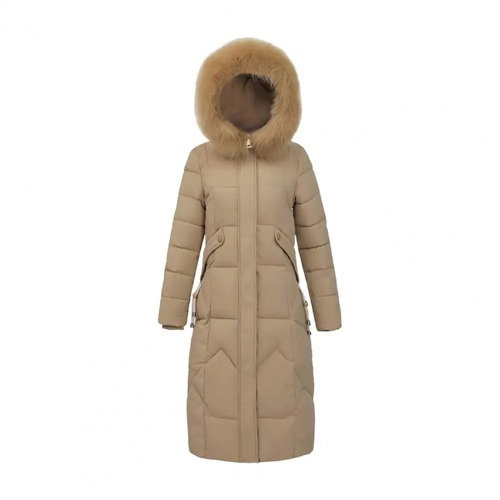 Women Cotton Jacket Stylish Winter Coat with Furry Hood Zipper Button Closure Slim Waist Knee for Windproof