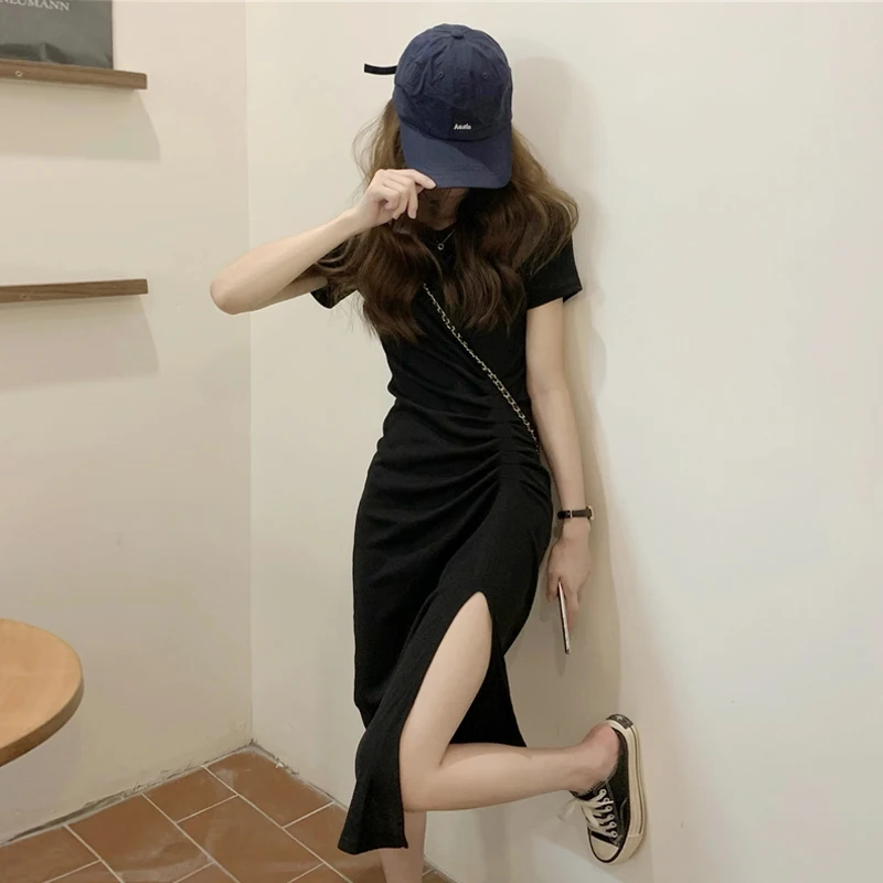 Ature T-shirt mi-long pour femme Dr Design fendu asymétrique coupe ajustée taille haute jupe trapèze coréenne Sle été Dr