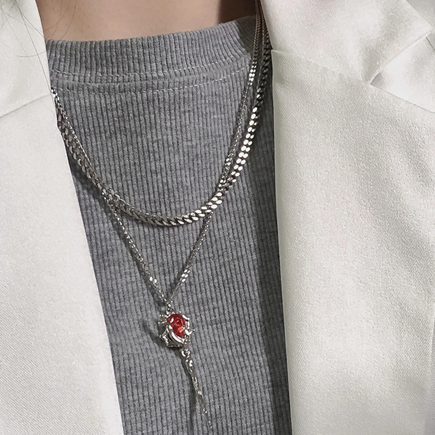 Double Layer Red Zircon Rose Pendant Necklace Y2K Layered Flower Stone Chain Necklaces Irregular Floral Egirl Necklace