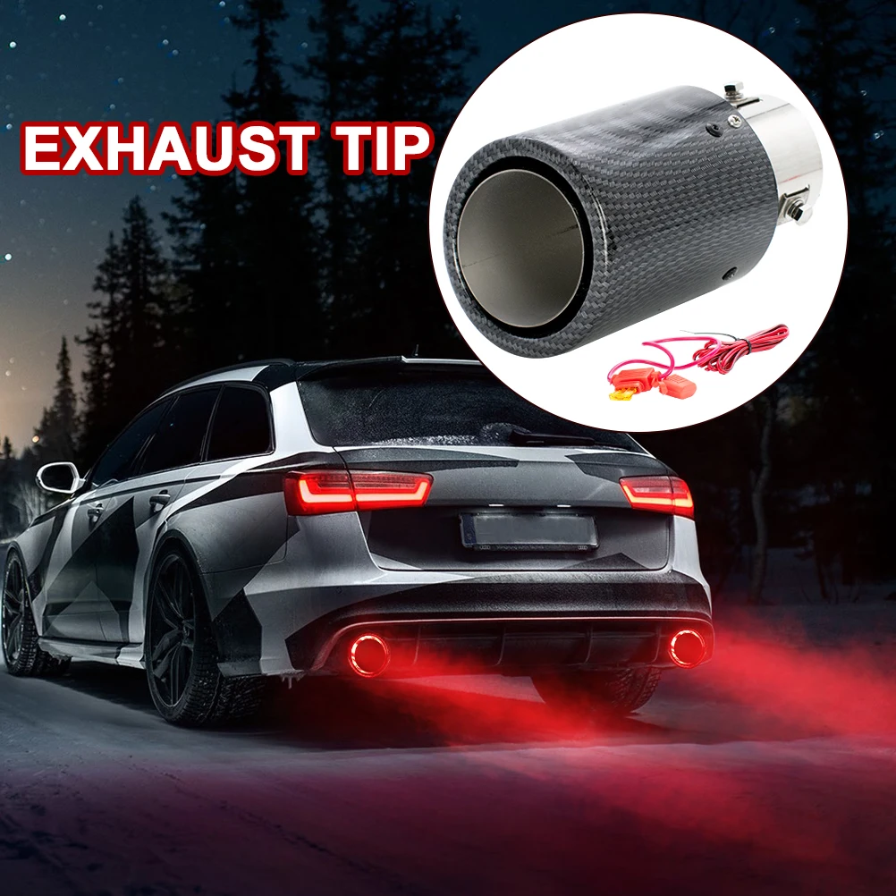 Tubo de escape LED Carbon Fiber Look Car Exhaust Muffler Tip Tailpipe Decoration Red Light  Stainless Universal Car Accessories