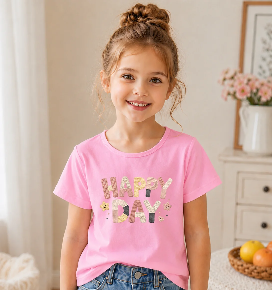 Cute Happy Day Letter Print Girls T Shirt Soft Cotton Kids Short Sleeve Tops Pink Kawaii Star Pattern Toddler Girl Casual Summer