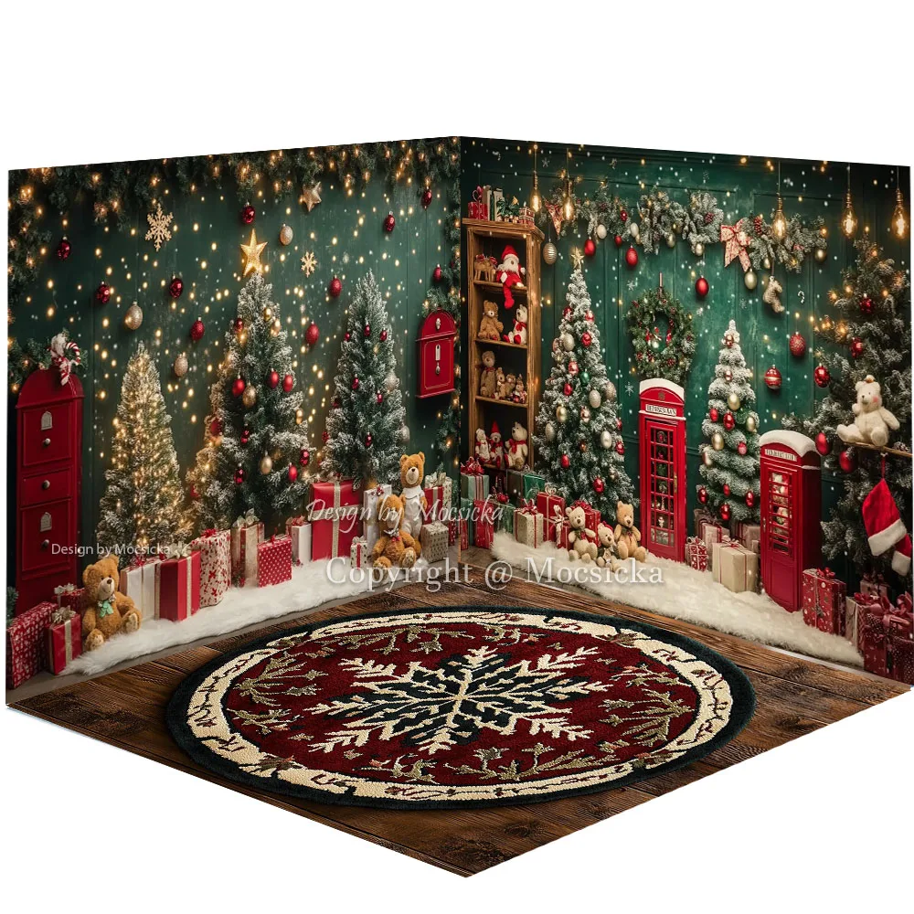 

Mocsicka 3D Santa Workshop Background Photography Toy Gift Xmas Tree Letterbox Carpet Floor Backdrop Winter Kid Family Photo