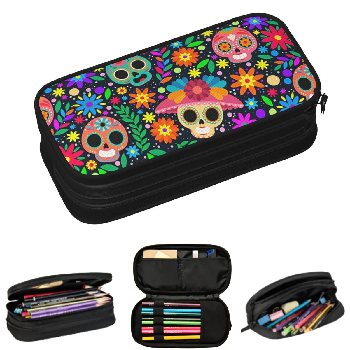 Sugar Skull Mexican Flower Halloween Day Of The Dead Federmäppchen für Schüler, Stiftbox, Bleistiftbeutel, großes Fassungsvermögen, Federmäppchen