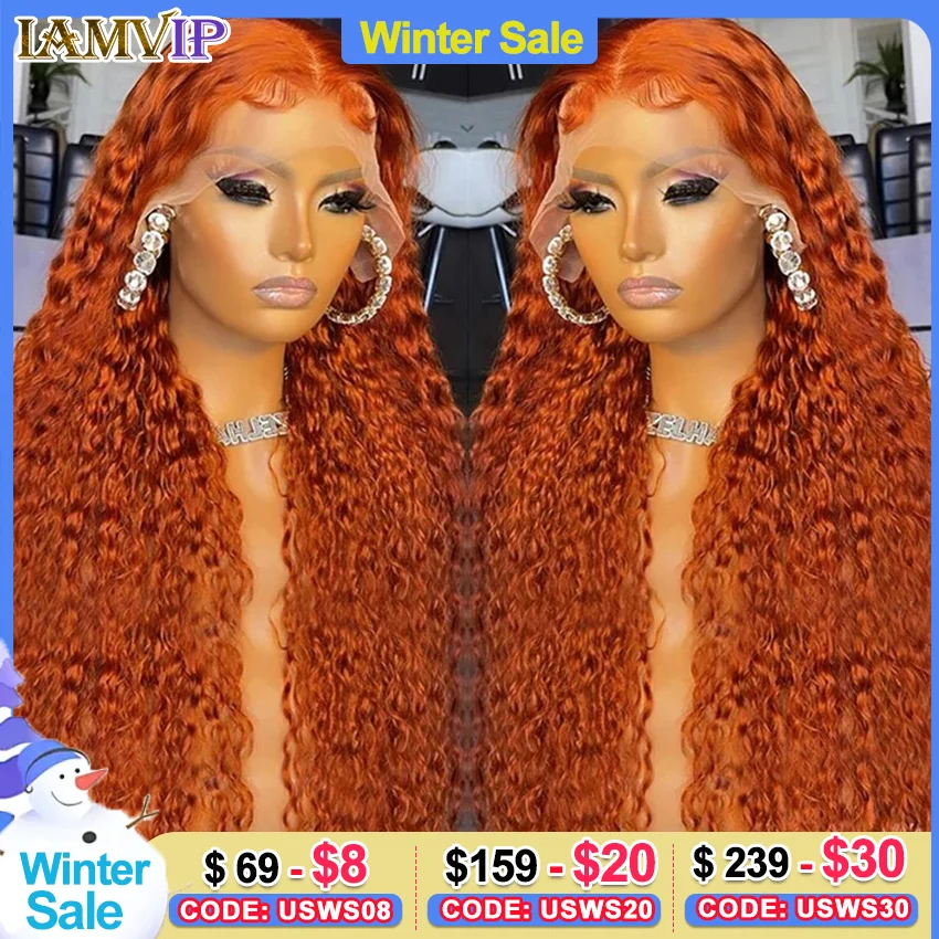 Orange Ginger 13x6 Transparent Deep Wave Lace Frontal Wig Colored Lace Front Wig Water Curly Human Hair Wigs for Women 100% Glue