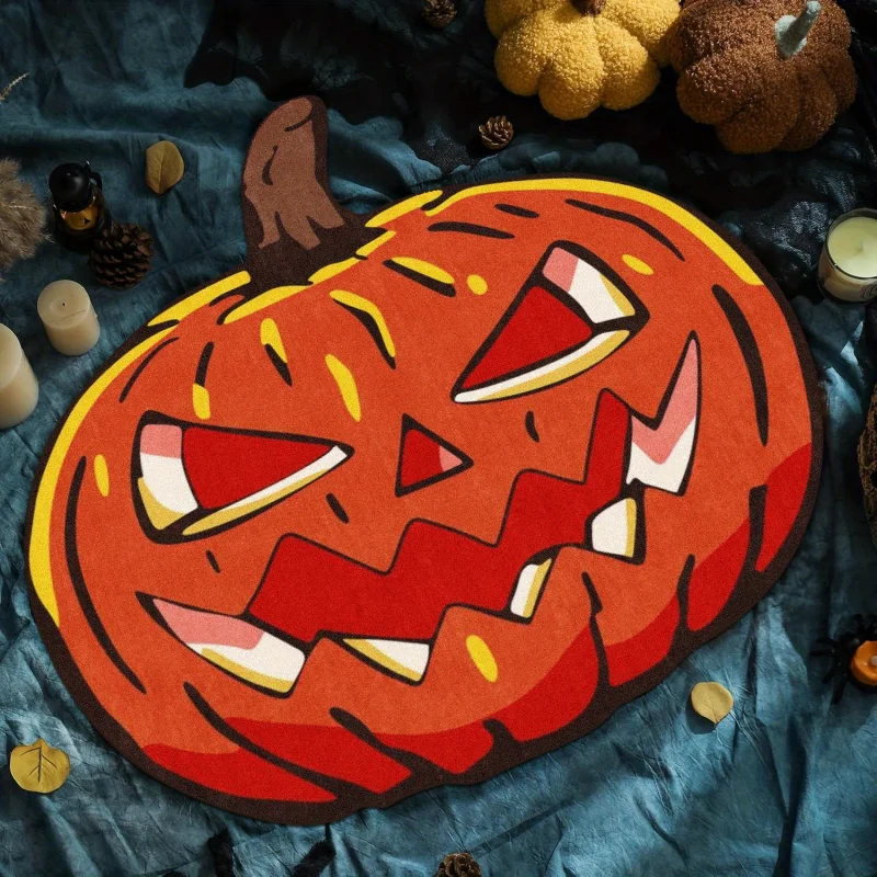 VIKAMA Scary Grin Pumpkin Irregular Doormat Non Slip Stain Resistant Fluffy Floor Mat Indoor Outdoor Front Door Halloween Decor