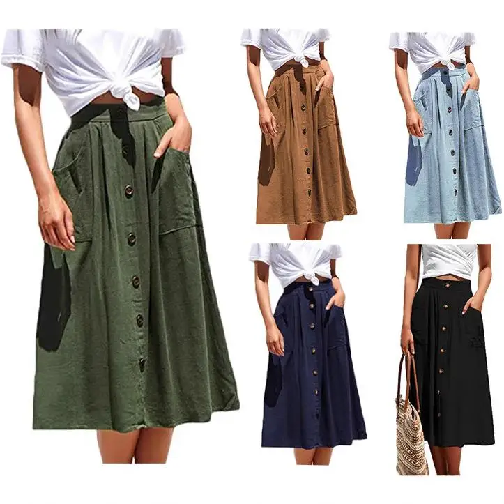 

Юбка женская с высокой талией, средней длины, винтажная, плиссированная, из хлопка, повседневная, А-силуэт, для весеннего сезона, модная