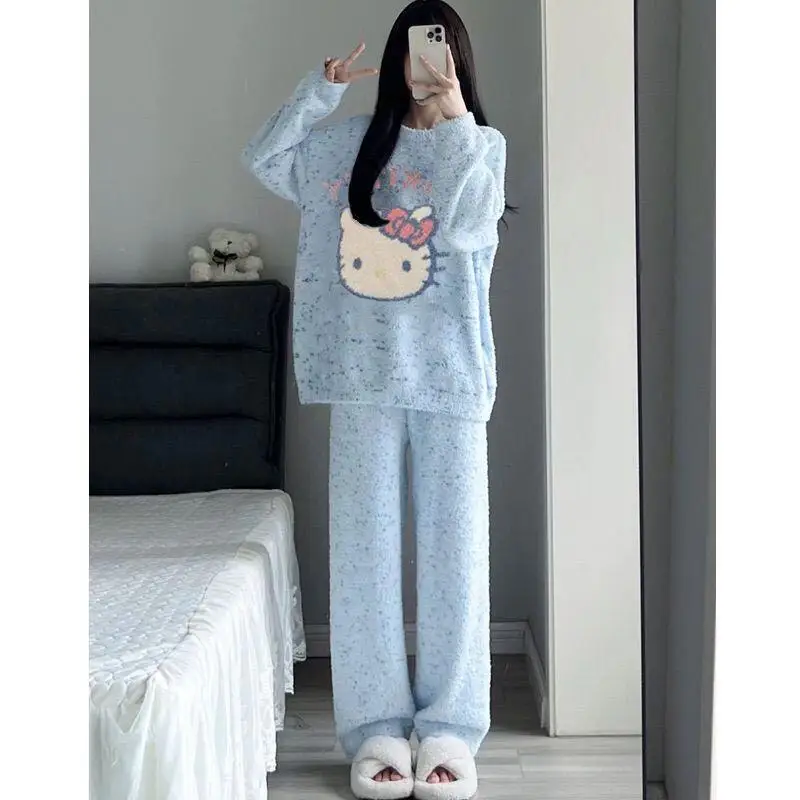 

Sanrio Sleepwear 2Pcs Hello Kitty Thick Pants Autumn and Winter Plush Fashion Half Fleece Sweet Casual Cartoon Home Clothes Set