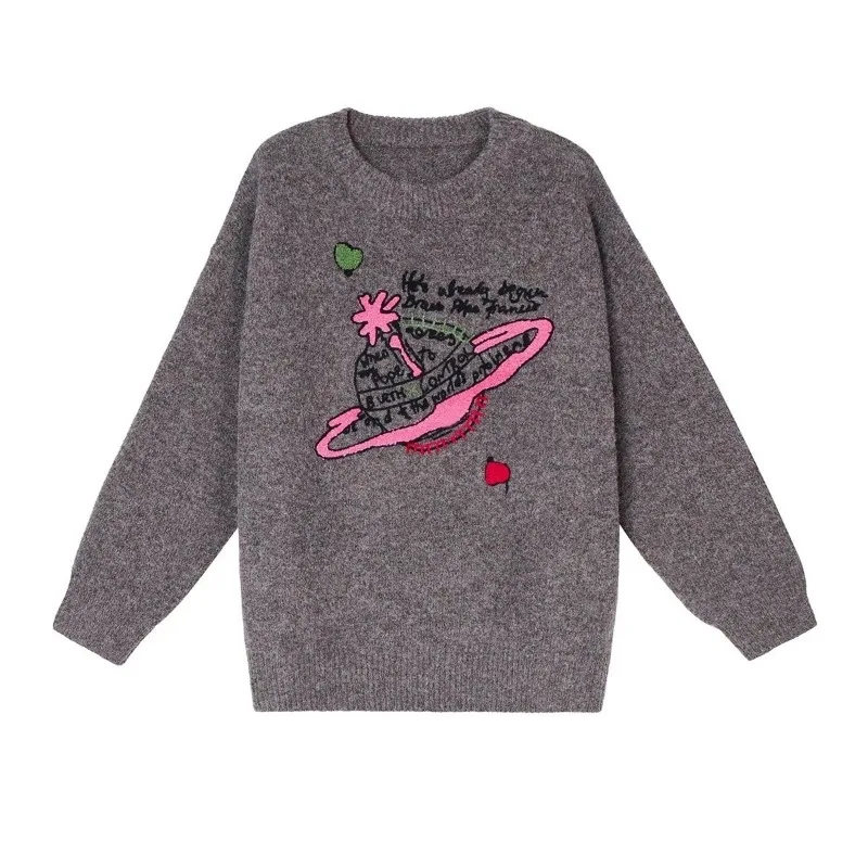 Korejpaa Sweet Cartoon Letter Jacquard Pull Femme Knitwear Autumn Winter Sweater Top Outwear Casual O Neck Knitted Pullover