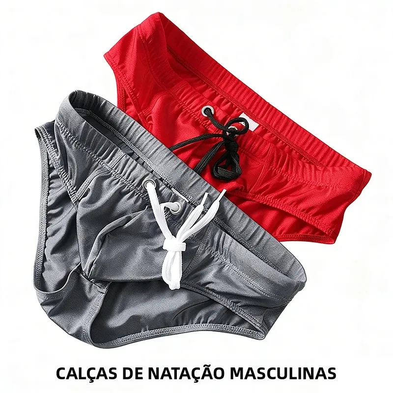 Sunga Masculina de Cintura Baixa Cor Sólida com Cordão, Secagem Rápida, Camada Dupla, Calção de Praia Anti-Embaraço