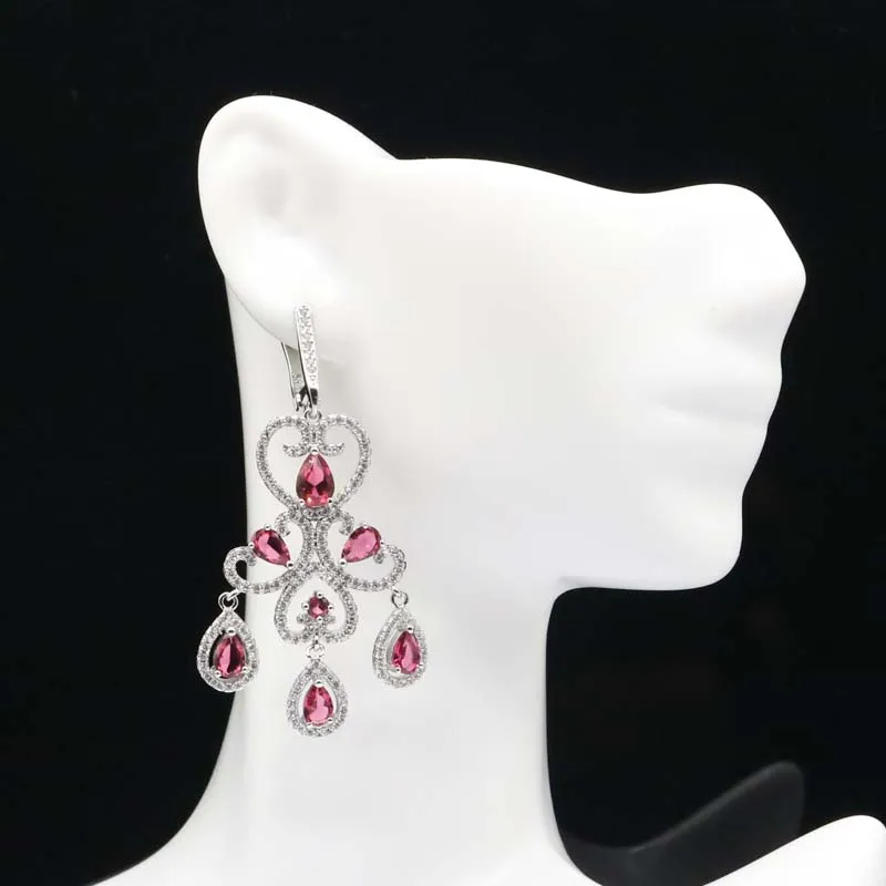 56x24mm Elegant Long Big Green Peridot Pink Raspberry Rhodolite Garnet CZ Ladies Dating Silver Dangle Earrings