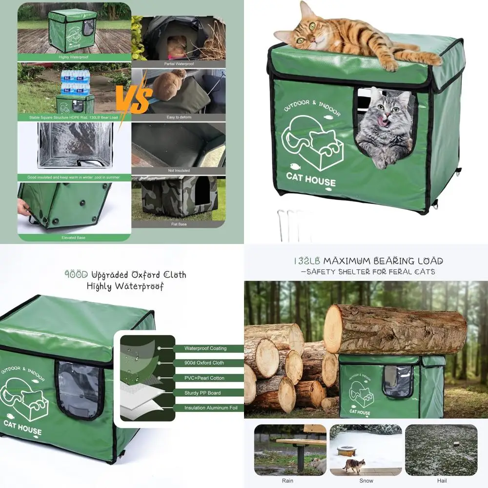 

Прочный уличный домик для кошек с двусторонним выходом, утепленный и водонепроницаемый укрытие для бездомных животных в холодную погоду (зеленый, малый)