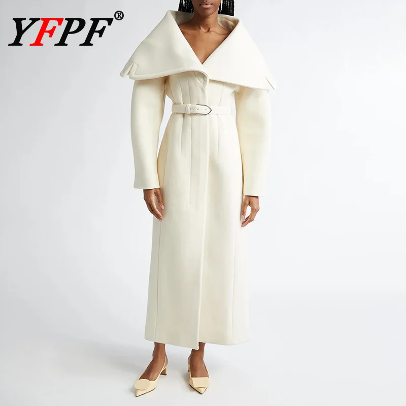 

YFPF Autumn Winter New Woolen Long Coat Women Elegant Solid Color V Neck Design Belt Gathered Waist Jacket 2026 Clothing