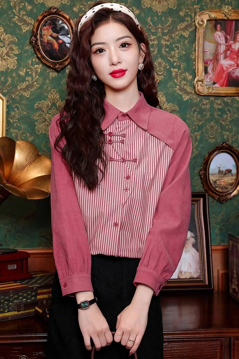 Spring Long Sleeve Turn Down Collar Women Shirt Chinese Style Striped Shirt Blouse Women Tops  Blusas Mujer De Moda 2024 J857