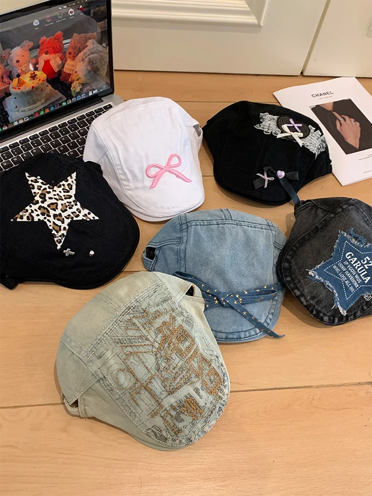 Retro Washed Denim Beret Hat Women Summer Artistic Style Face Slimming Versatile Backward Casual Painter Hat Flat Top Short Brim