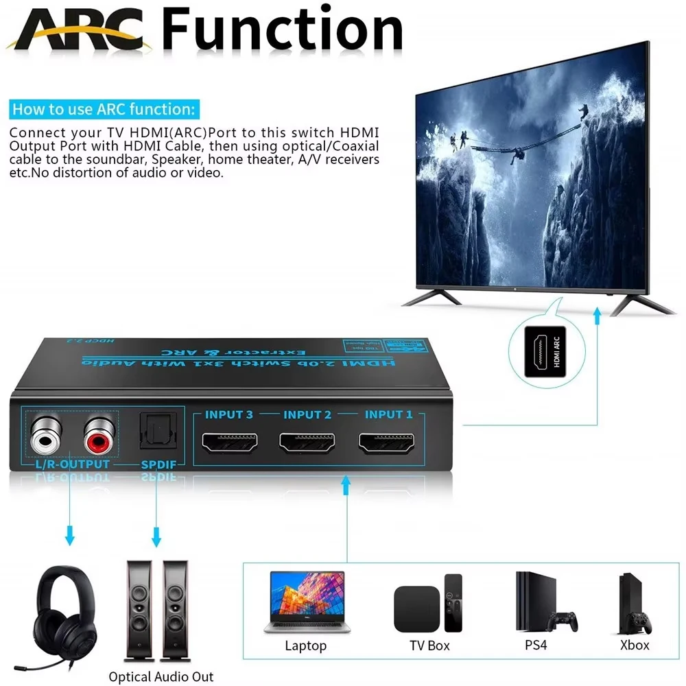 HDMI-Compatible Switch Audio Extractor 4K@60Hz ARC Toslink SPDIF HDMI-Compatible 3x1 Switcher Converter for PS4/5 Xbox TV Laptop